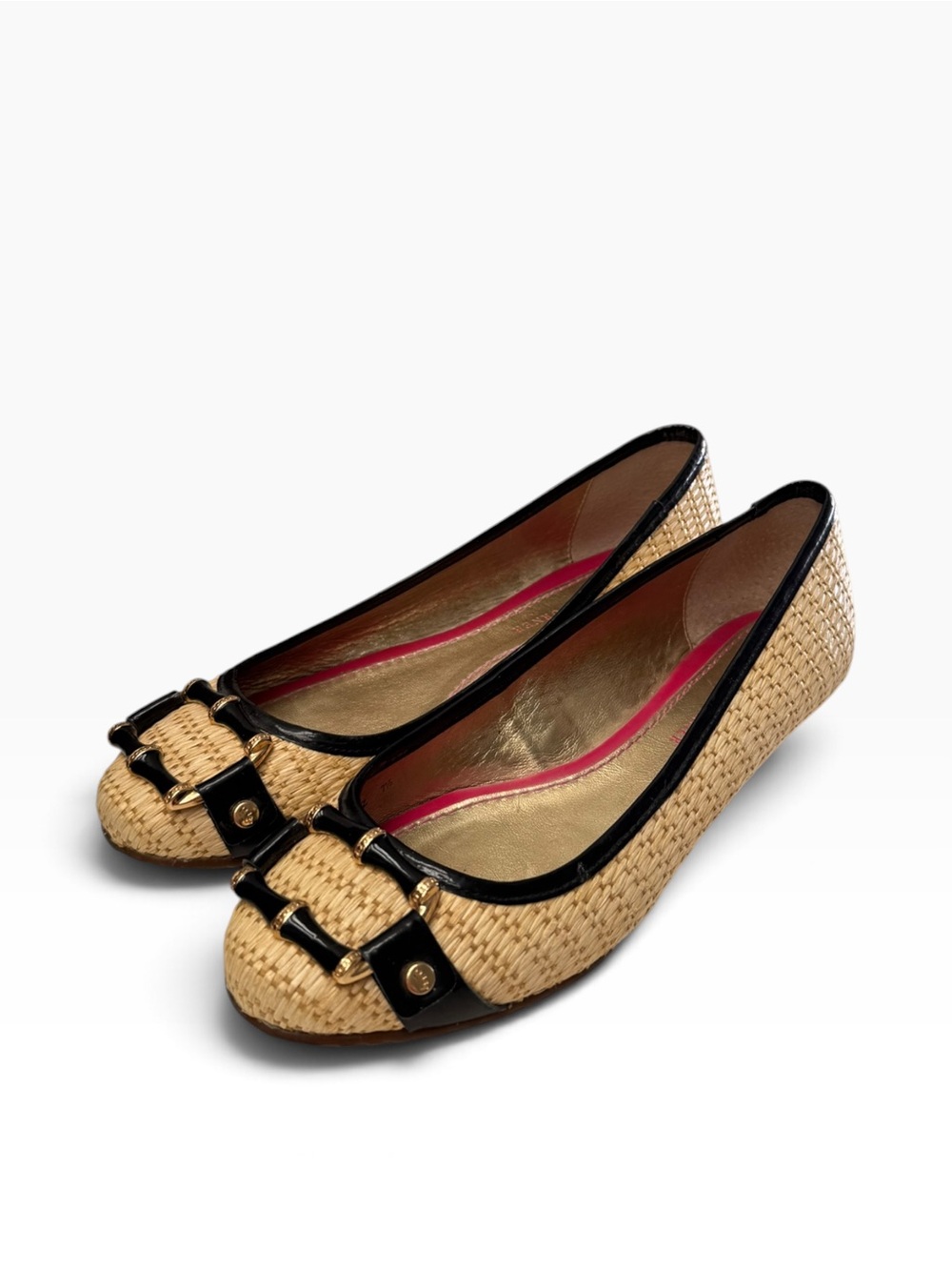 Elaine Turner Natural Straw Flats with Black Trim and Gold Hardware